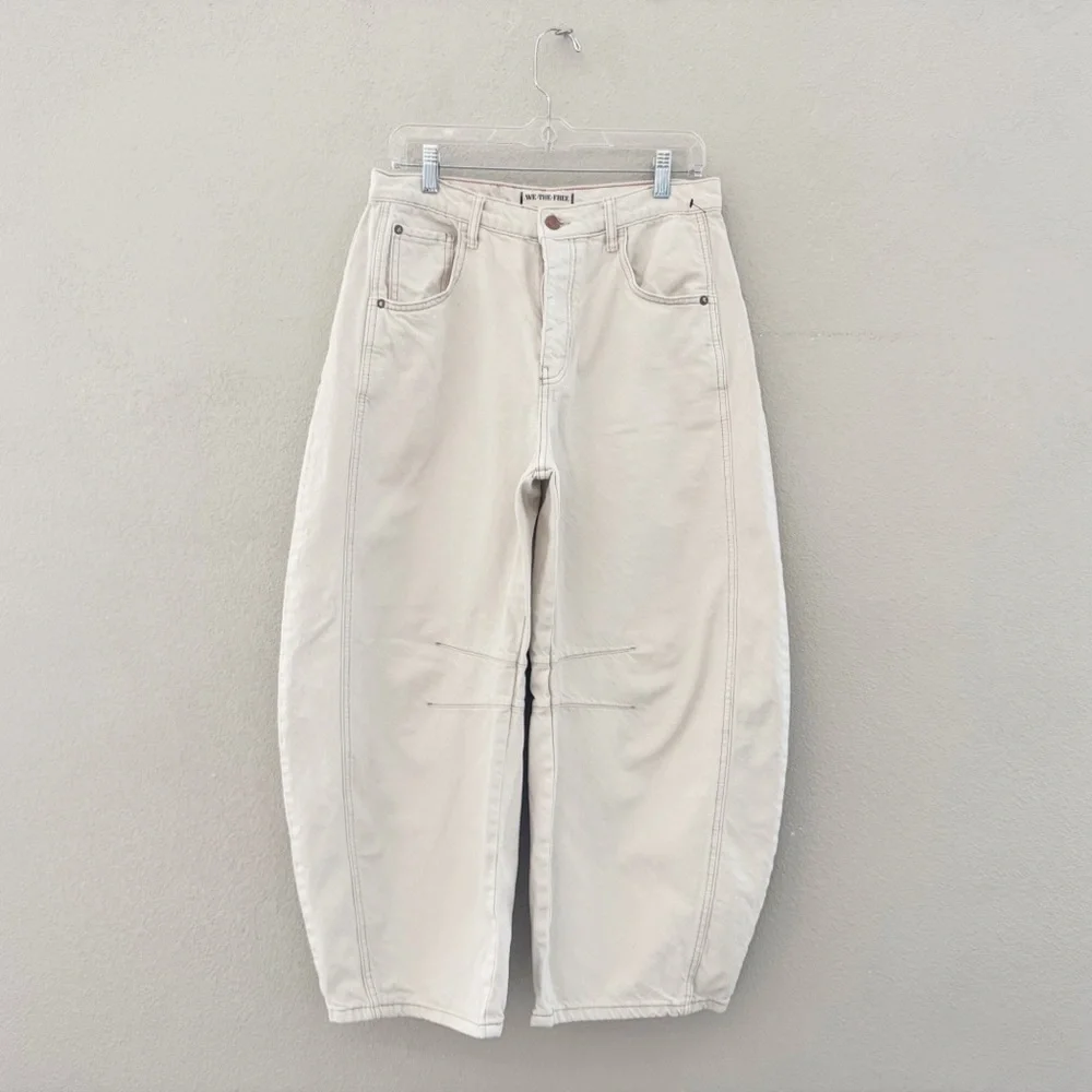 Free People Good Luck Barrel Jeans 29 Cream Milk Denim Curved Bow Leg Boho Chic - Picture 6 of 14